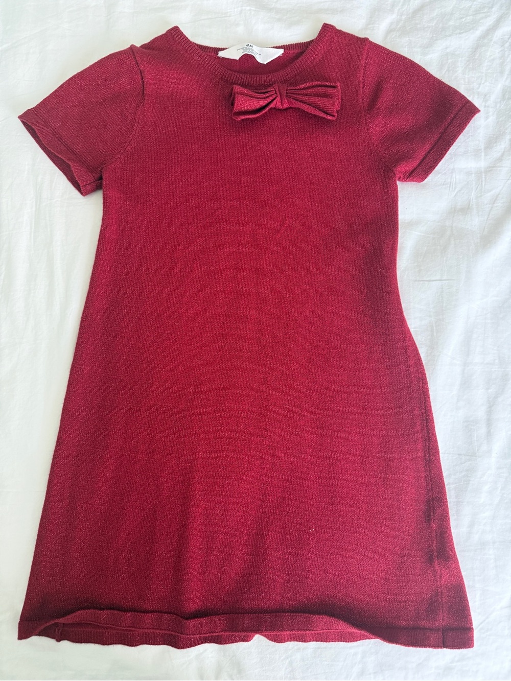 H&M Girls' Short Sleeve Knit Dress with Bow - Burgundy